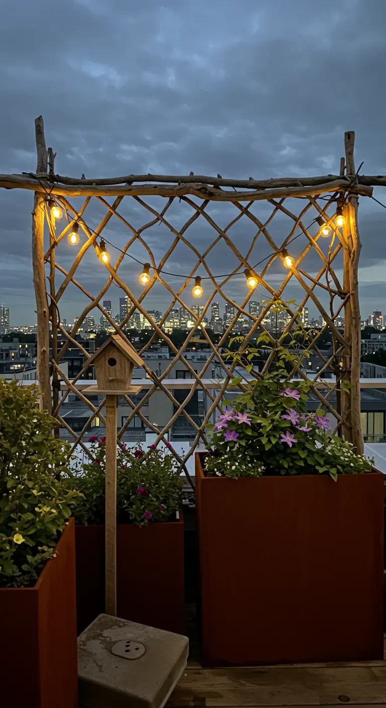Dachterrasse mit Treibholz-Rankgitter, Lichterketten und Blick auf die Skyline.