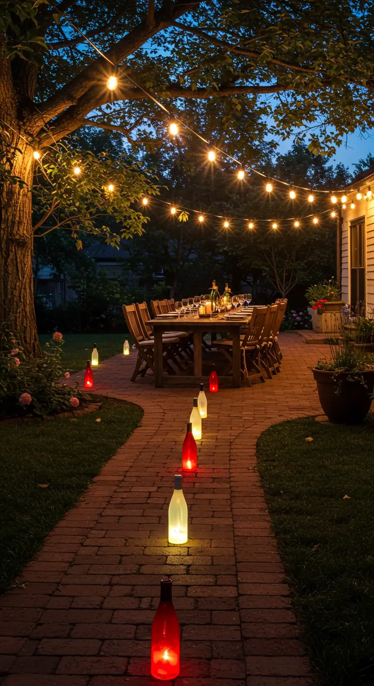 Ein Garten-Essbereich unter Lichterketten, der Weg ist mit roten und weißen Flaschenlichtern gesäumt.