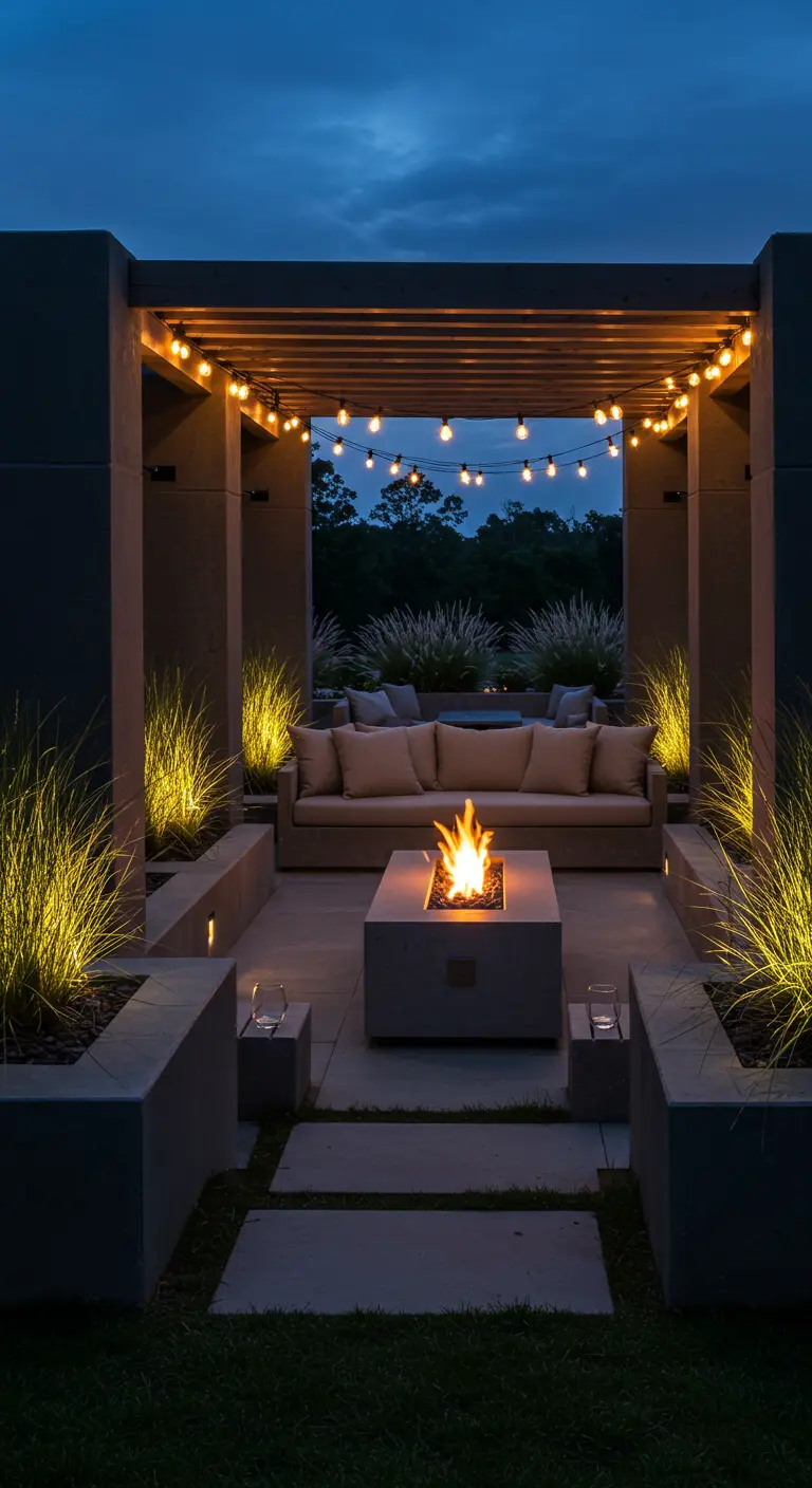 Beleuchtete Gräser in quadratischen Betonkübeln unter einer Pergola mit Lichterketten.