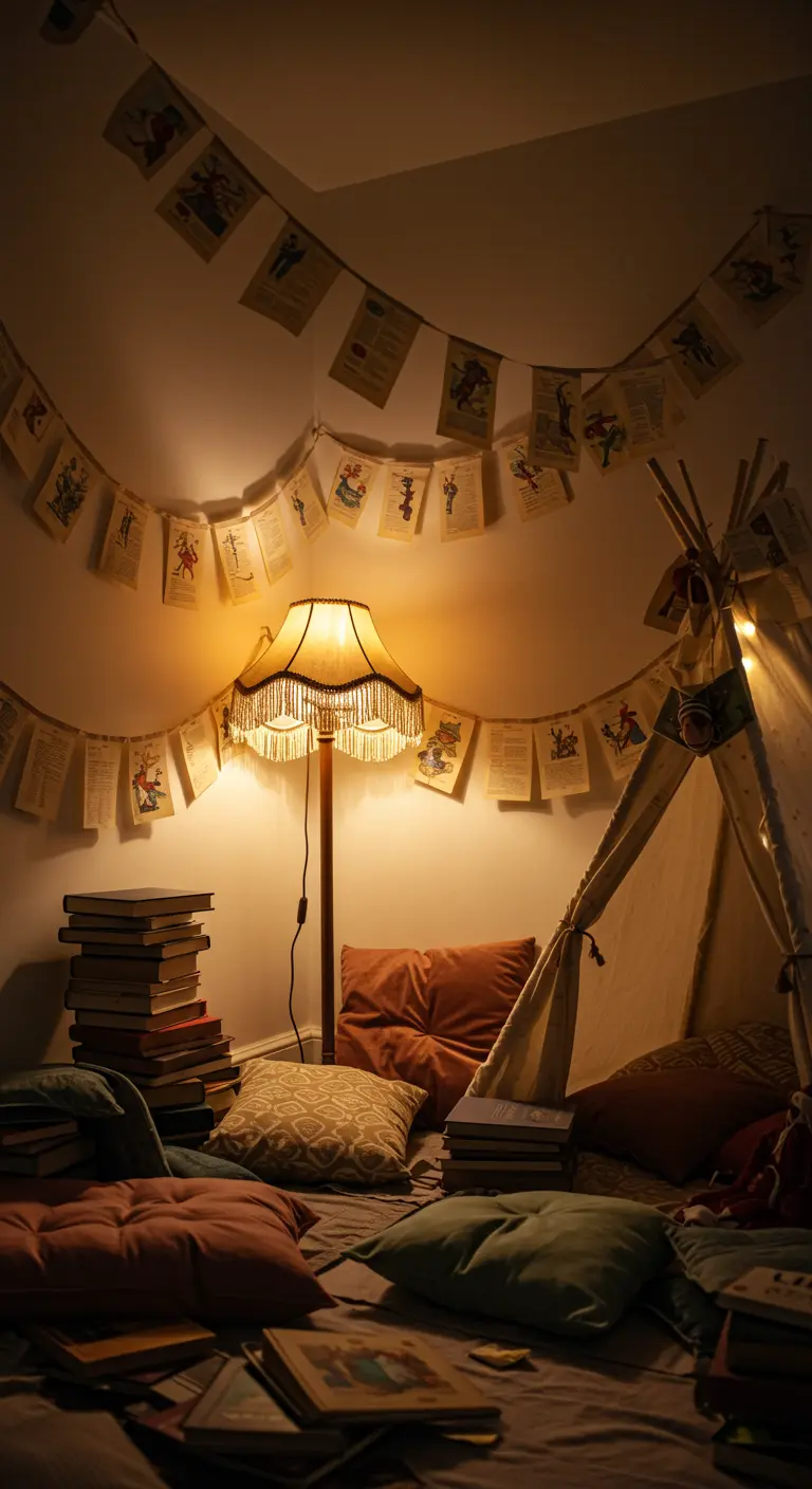Gemütliche Leseecke mit Tipi, beleuchtet von einer Lampe und dekoriert mit einer Wimpelkette aus Buchseiten.