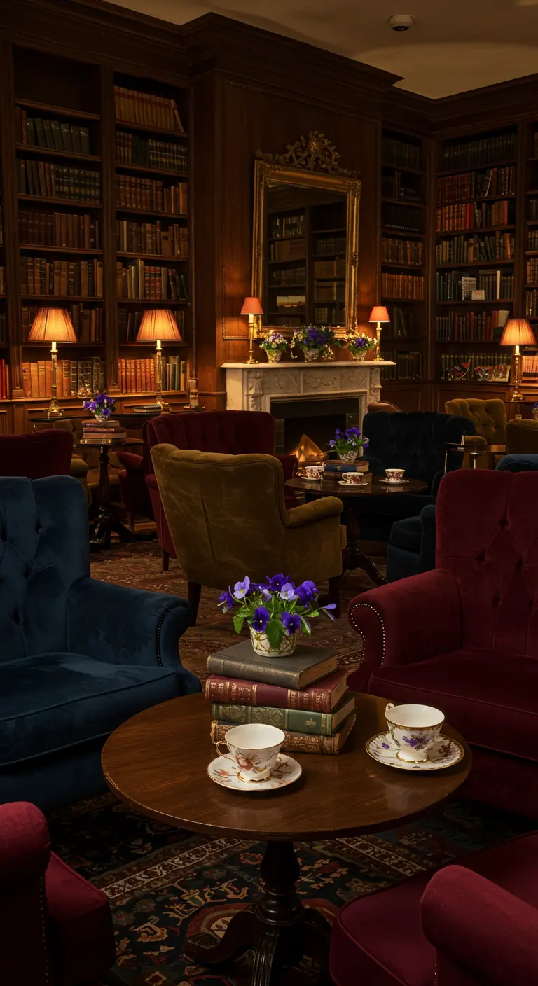 Gemütliche Bibliotheksecke mit Teetasse voller Veilchen auf einem Bücherstapel.