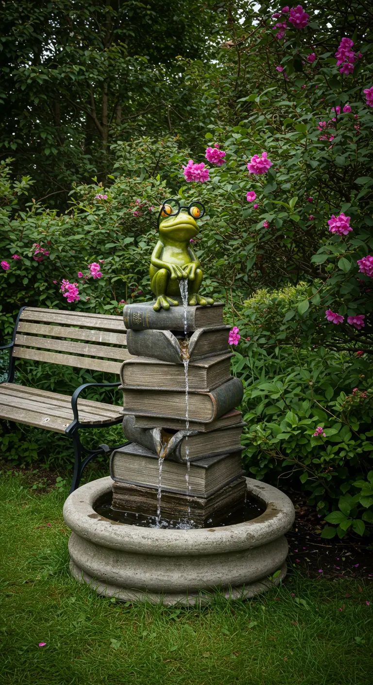 Ein origineller Brunnen in Form eines Bücherstapels, auf dem ein Frosch mit Brille sitzt.