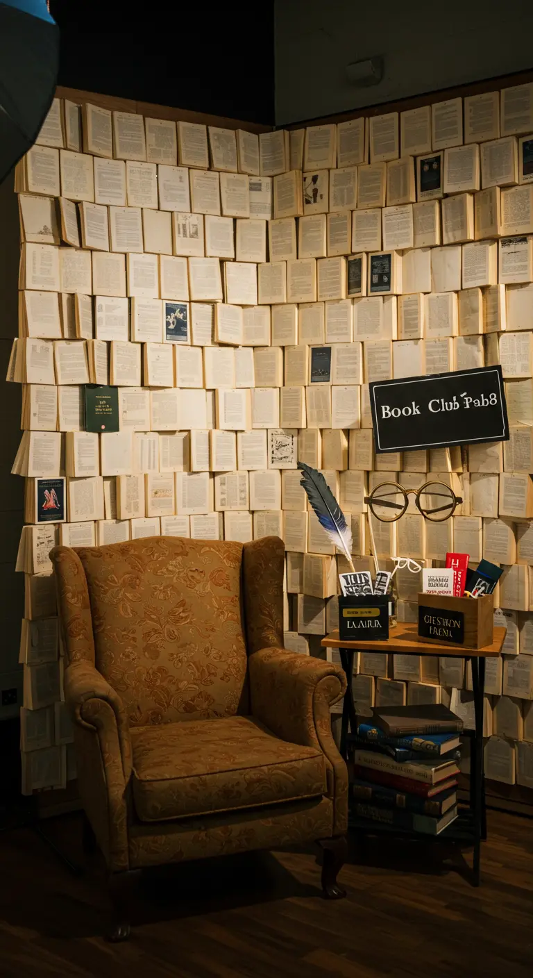 Photobooth-Ecke mit einer Wand aus alten Buchseiten, einem Sessel und literarischen Requisiten