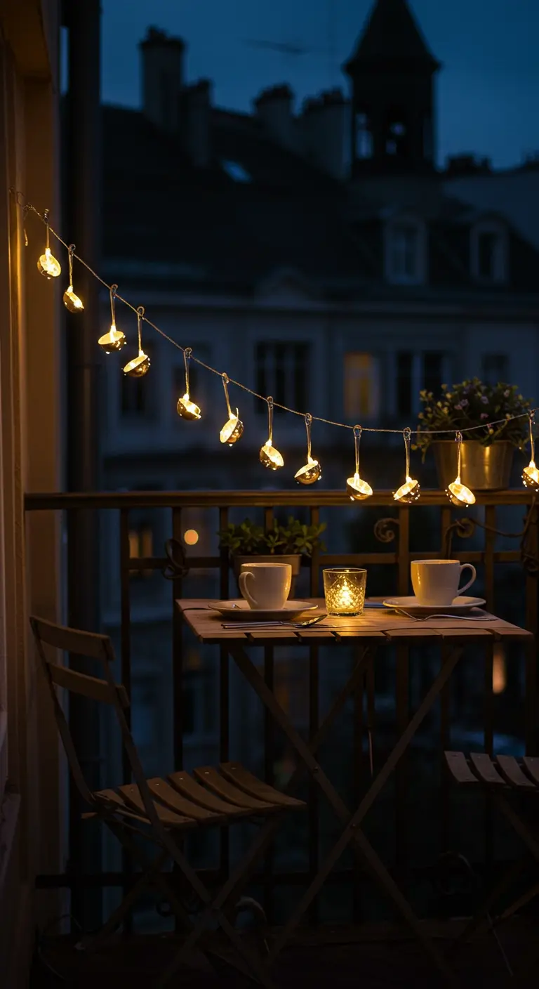 Eine Lichterkette mit kleinen Löffeln als Reflektoren auf einem Balkon bei Nacht.