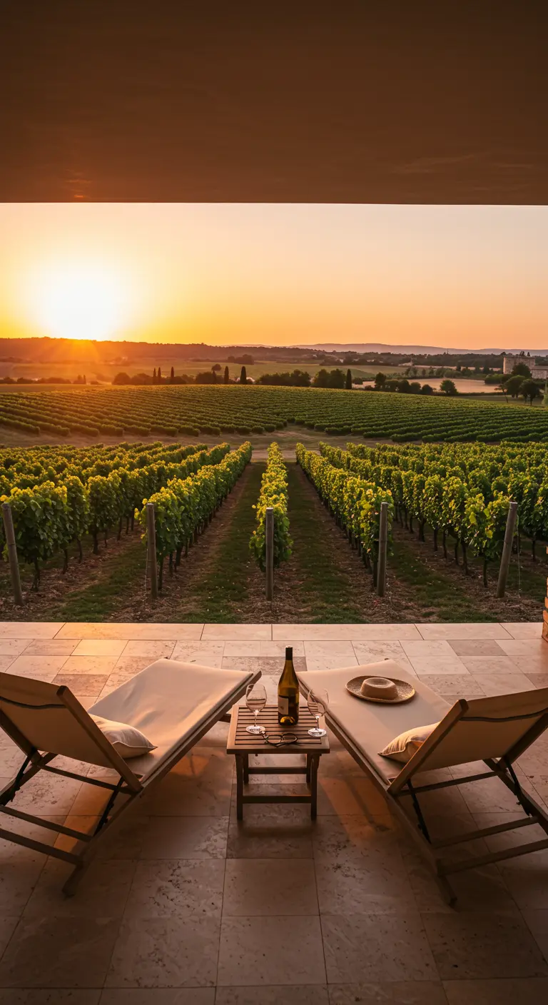 Zwei Loungesessel mit Segeltuchbezug blicken auf einen Weinberg bei Sonnenuntergang.