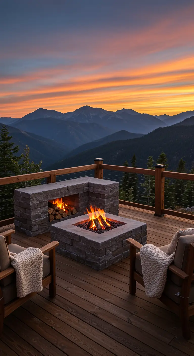 L-förmige Feuerstelle aus Stein auf einem Holzbalkon mit Blick auf die Berge.