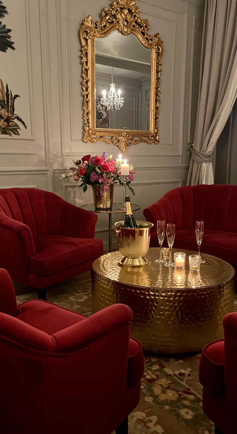 Rote Samtsessel um einen goldenen, gehämmerten Couchtisch mit Champagnerkühler und Kerzen