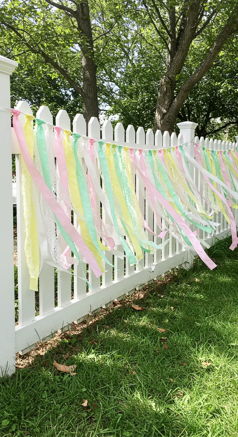 Lange Streifen aus pastellfarbenen Bändern und Spitze sind an einen weißen Gartenzaun geknotet und wehen im Wind.