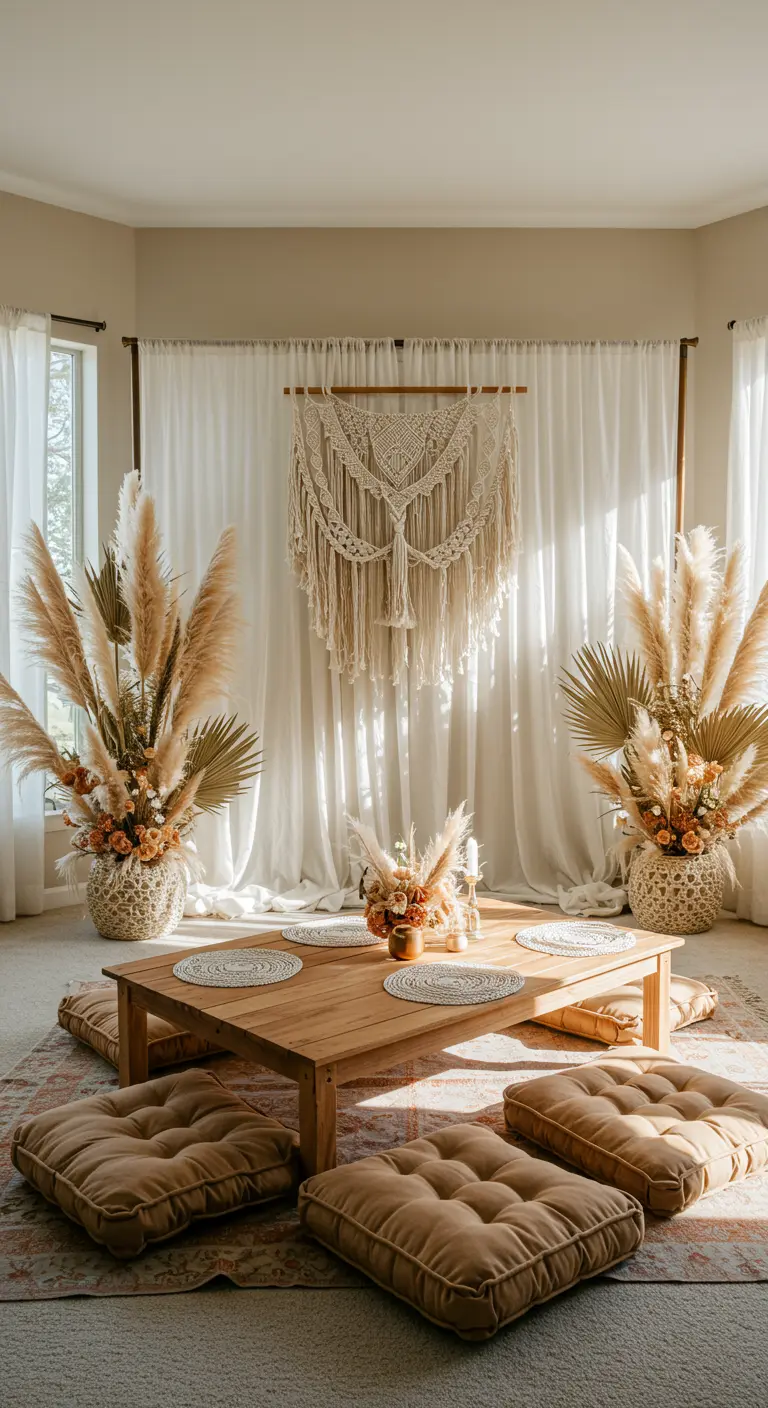 Weißer Vorhang mit Makramee-Wandbehang und Pampasgras-Dekoration für ein Boho-Picknick im Wohnzimmer.