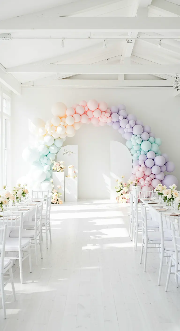 Weiter Pastell-Regenbogen-Ballonbogen in einem strahlend weißen, minimalistischen Festsaal.