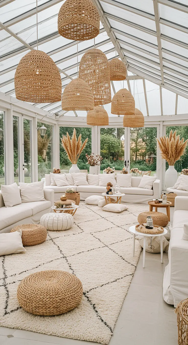Heller Wintergarten mit weißen Sofas, Rattan-Hängelampen und einem Berberteppich.