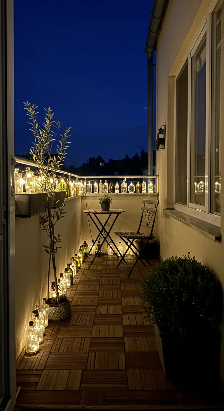 Ein kleiner Balkon bei Nacht, dessen Boden und Blumenkasten mit vielen Flaschenlichtern dekoriert sind.
