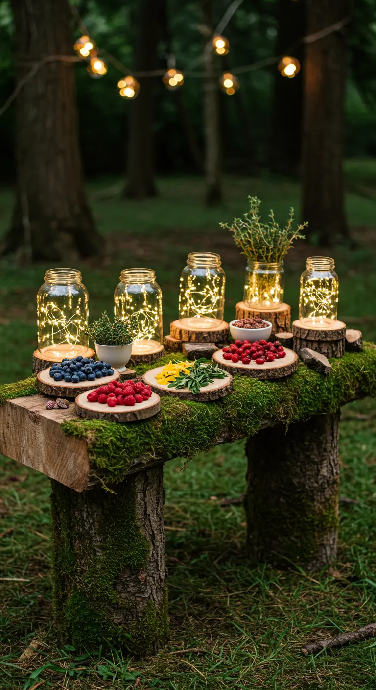 Märchenhafte Garnish-Station im Wald auf einem moosbedeckten Baumstamm mit Lichterketten.
