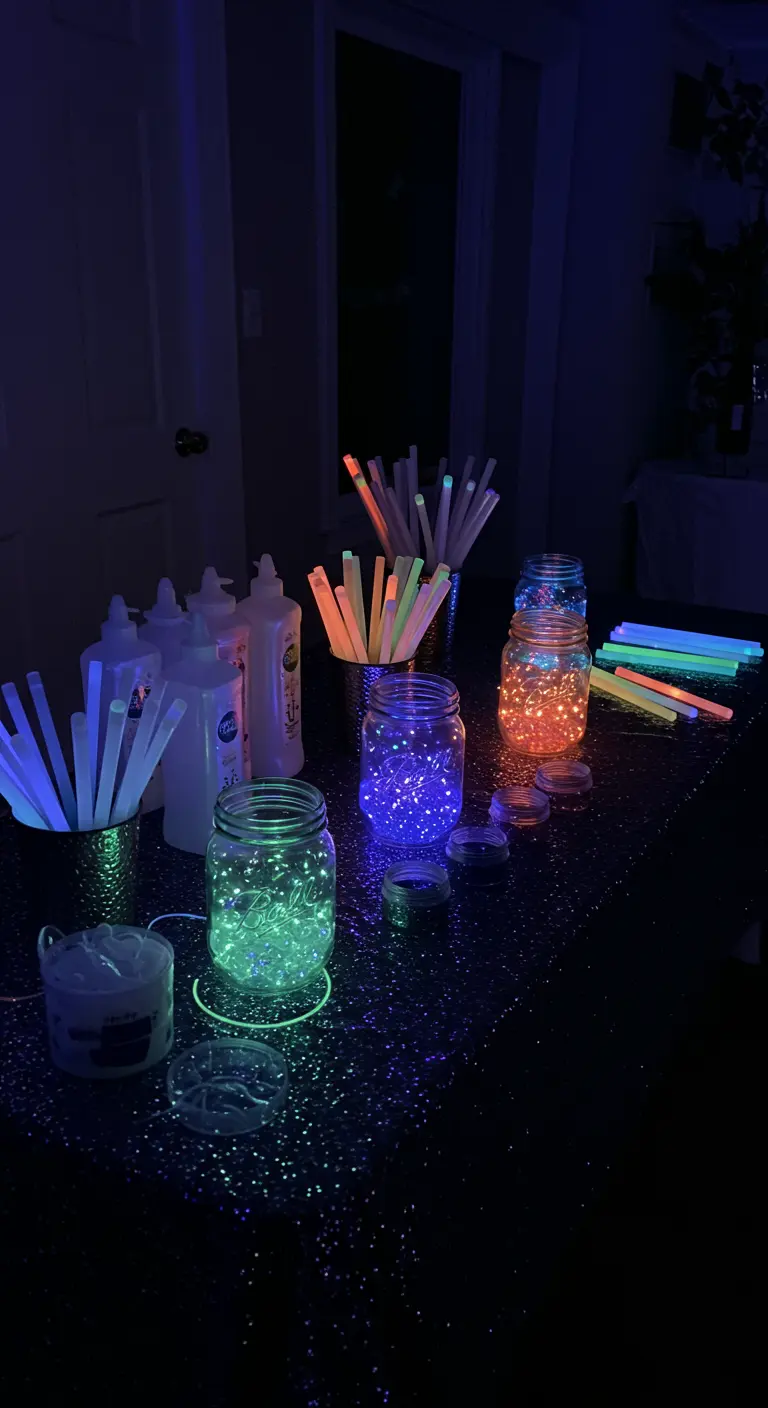 Einmachgläser gefüllt mit aktivierten, bunten Knicklichtern, die im Dunkeln leuchten.