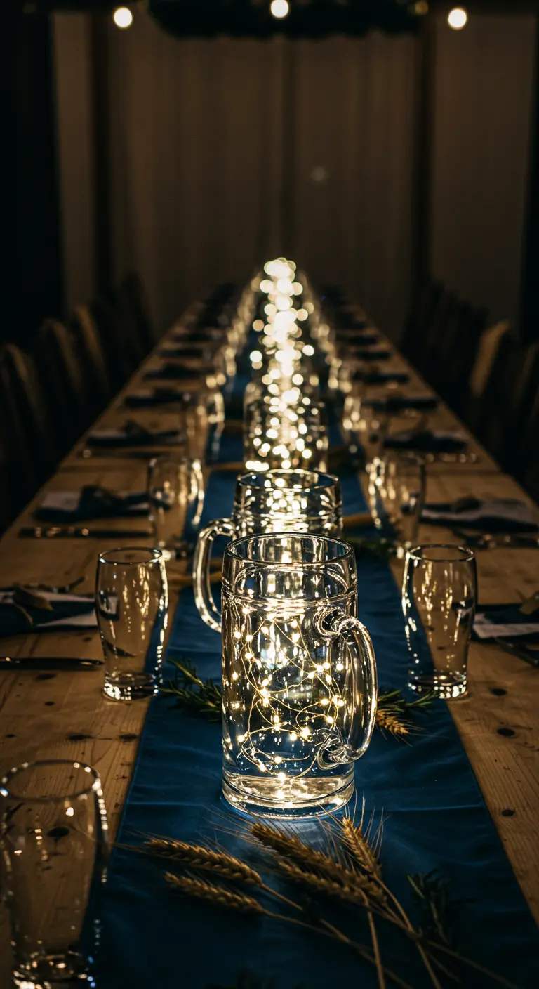 Lange Tafel, dekoriert mit Maßkrügen, die mit warmweißen Lichterketten gefüllt sind.