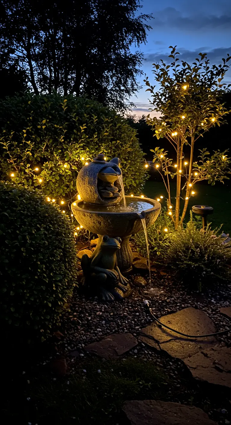 Ein Froschbrunnen bei Nacht, stimmungsvoll beleuchtet von warmweißen Lichterketten.