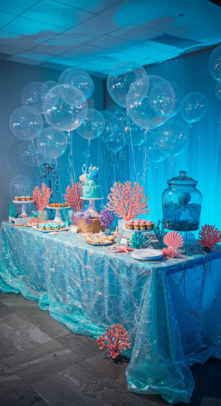 Unterwasser-Mottoparty-Buffet in Türkis und Koralle mit Luftblasen-Ballons und blauer Beleuchtung