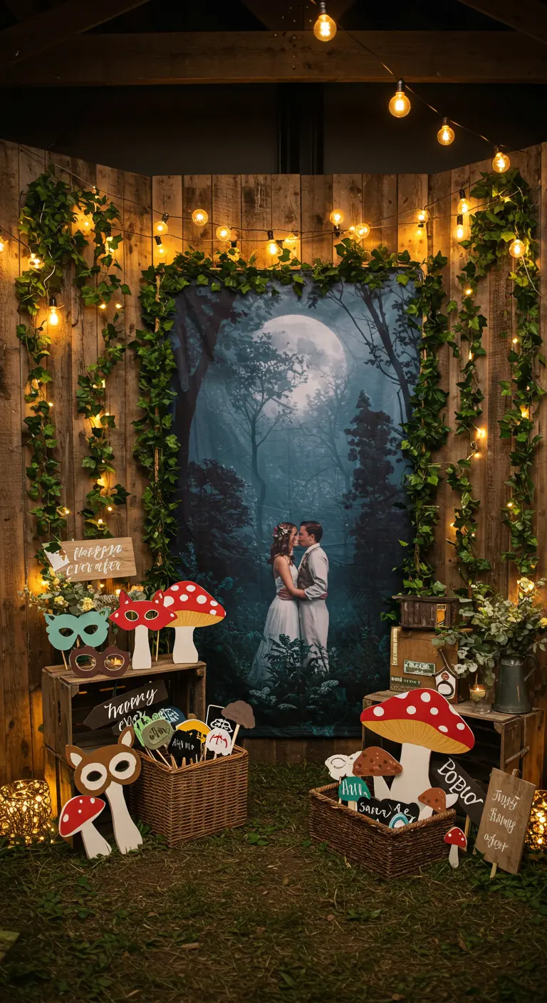 DIY Photobooth-Hintergrund mit Waldmotiv, Lichterketten und Pilz-Requisiten aus Pappe