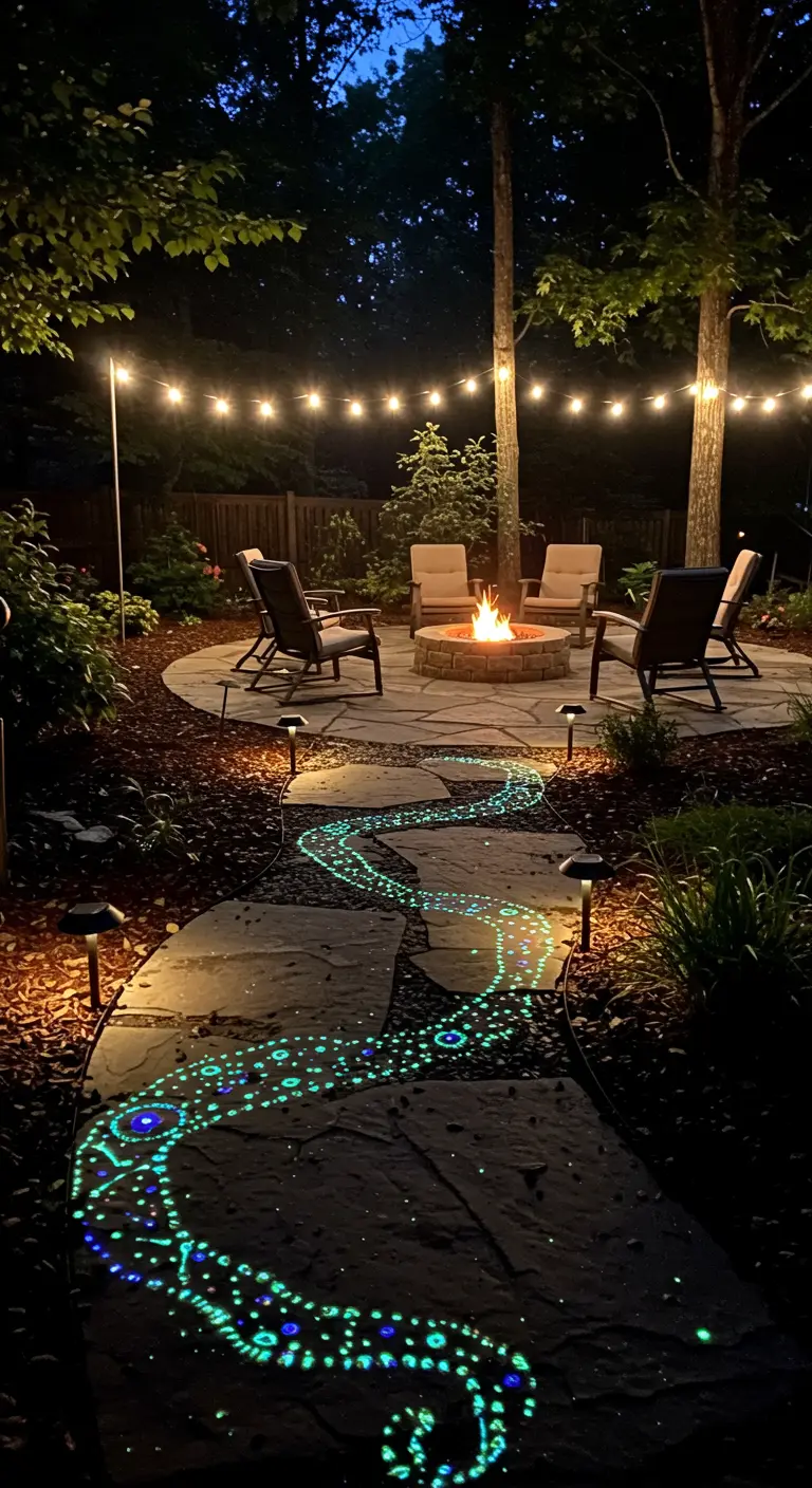Ein Gartenweg bei Nacht, auf dem eine Steinschlange mit nachtleuchtender Farbe bemalt ist.