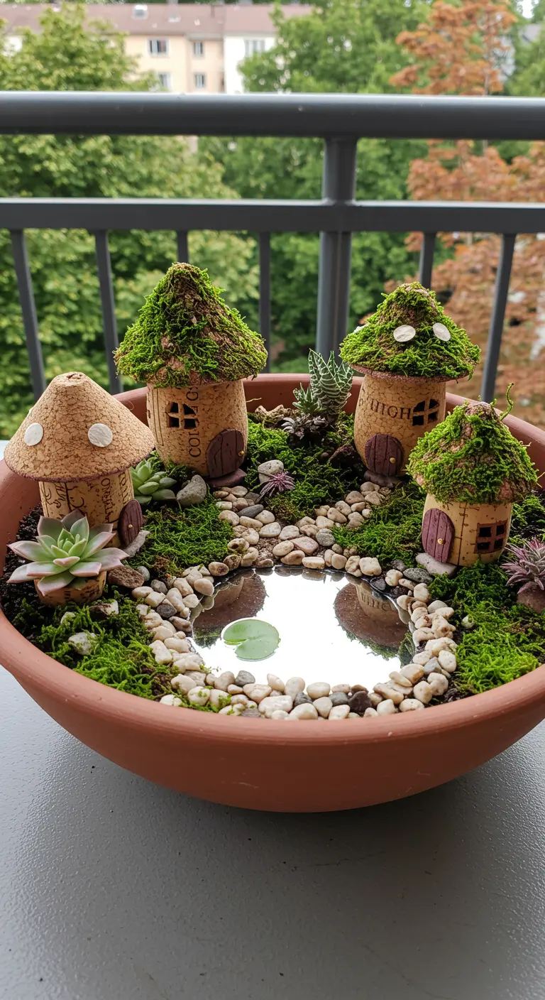 Ein Feengarten in einer Schale mit Häusern aus Weinkorken, Moos und einem Spiegel-Teich.