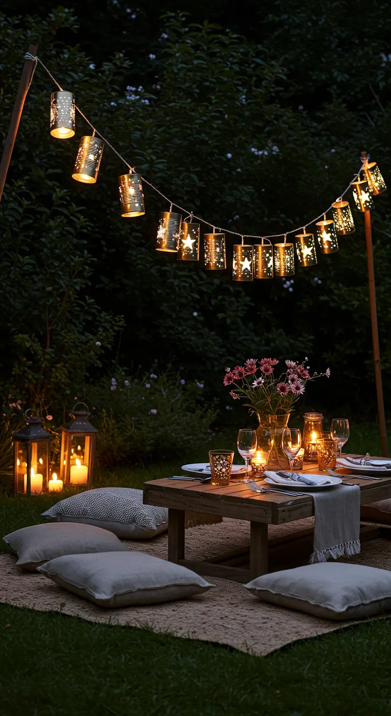 Lichtergirlande aus durchlöcherten Konservendosen über einem Gartentisch bei Nacht.