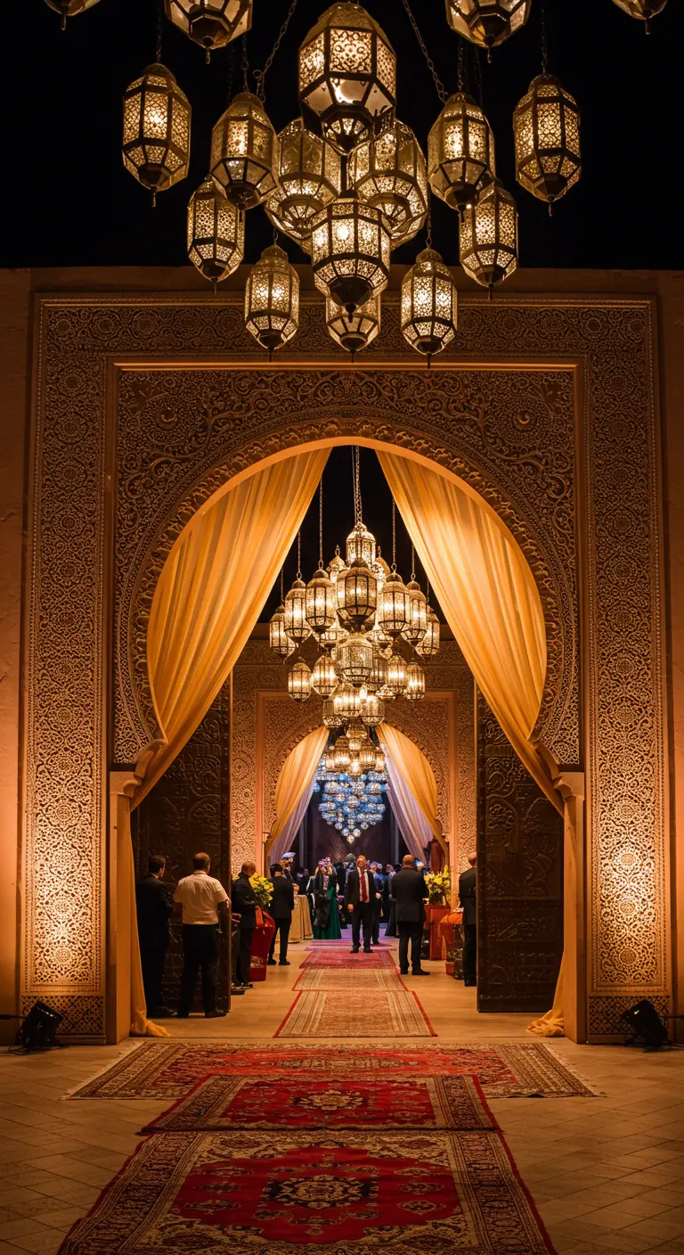 Großer orientalischer Torbogen, prachtvoll dekoriert mit einer Kaskade hängender Laternen.