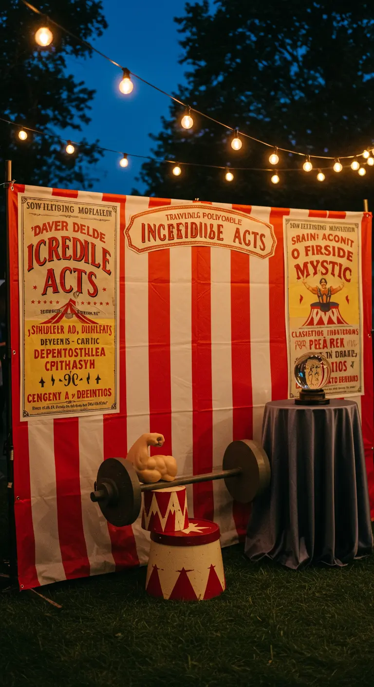 Ein Vintage-Zirkus-Fotohintergrund mit rot-weißen Streifen und alten Postern.