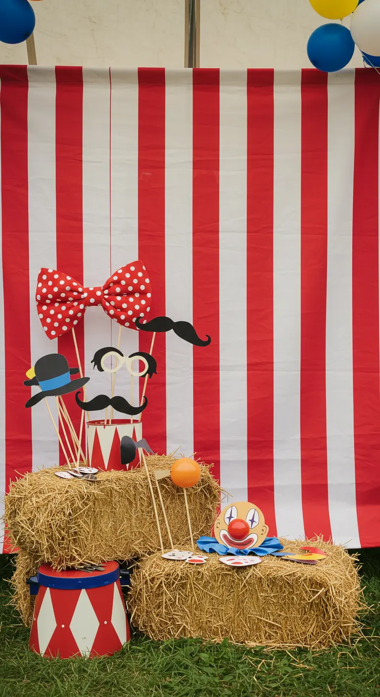 Zirkus-Photobooth mit rot-weiß gestreiftem Hintergrund und DIY-Requisiten auf Strohballen