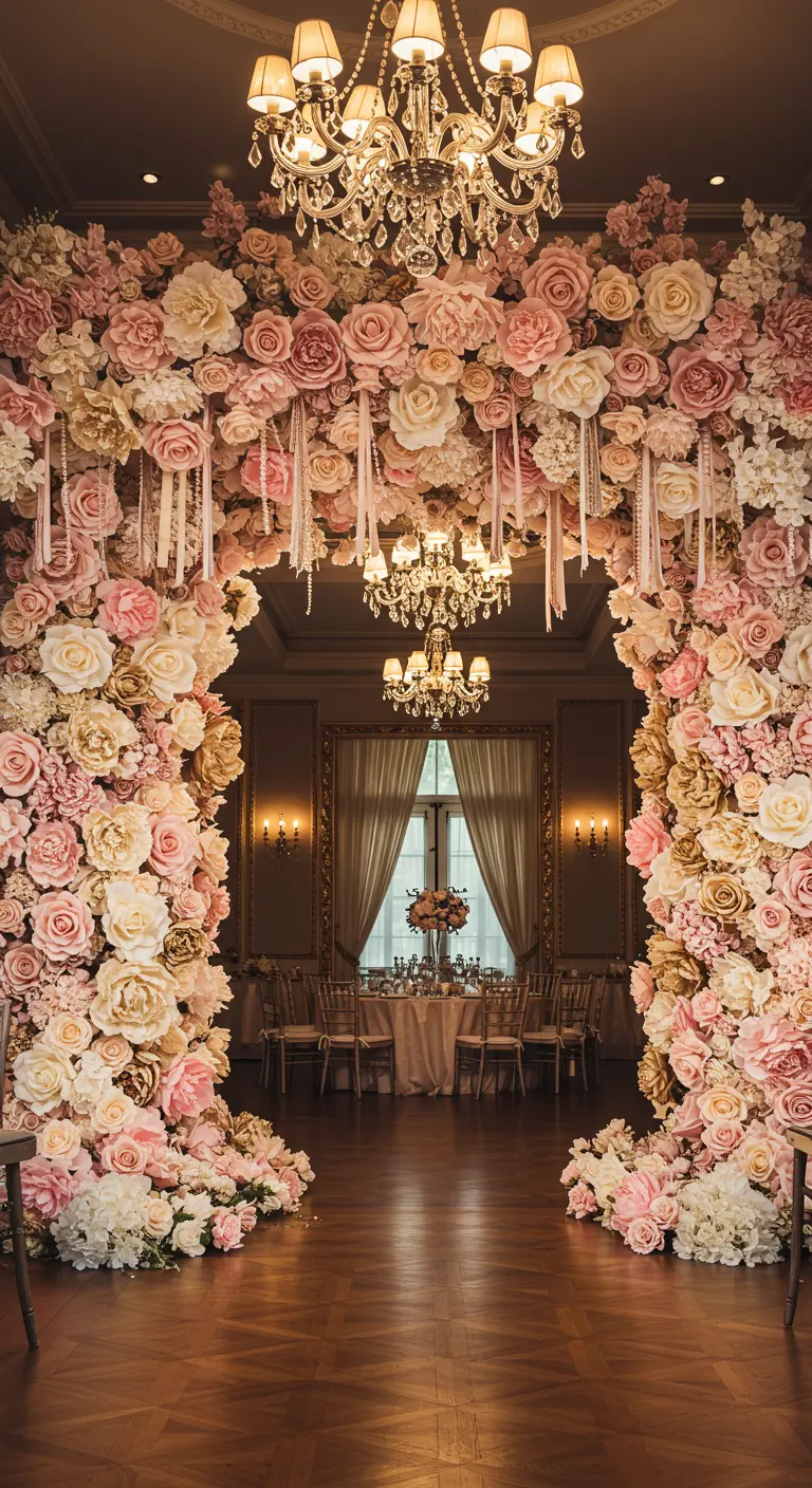 Ein opulenter, raumhoher Torbogen aus rosa, cremefarbenen und goldenen Papierrosen.