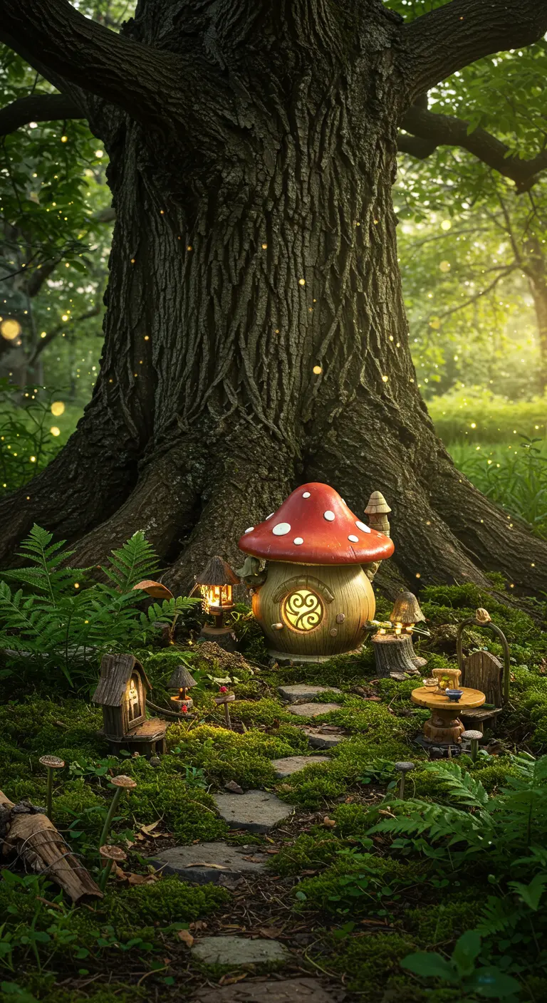 Fantasievolles Vogelhaus in Form eines Fliegenpilzes, umgeben von Moos am Fuße eines großen Baumes.
