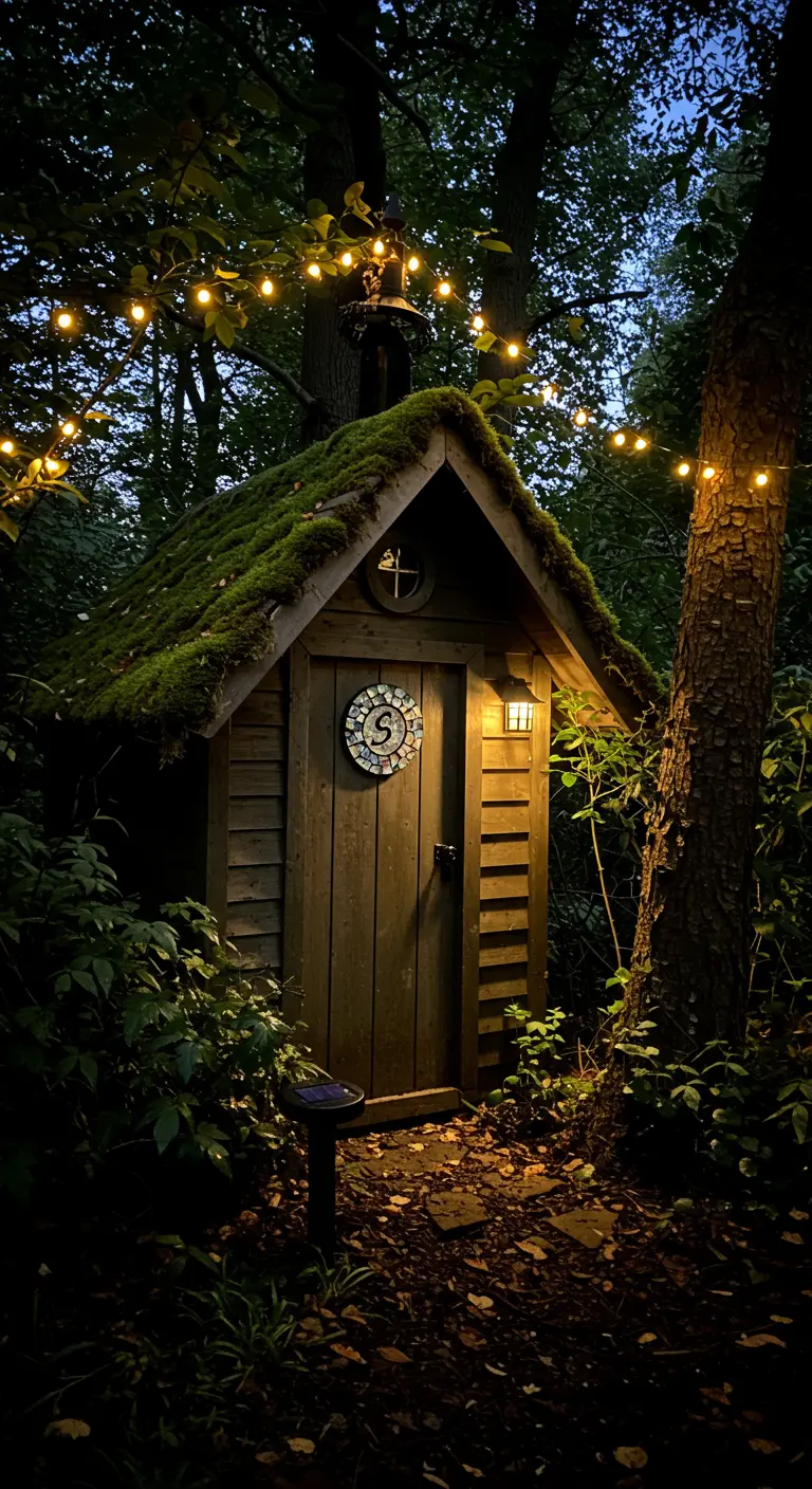 Ein rundes Mosaik mit der Zahl 5 an der Tür eines moosbewachsenen Gartenhauses im Wald bei Nacht.