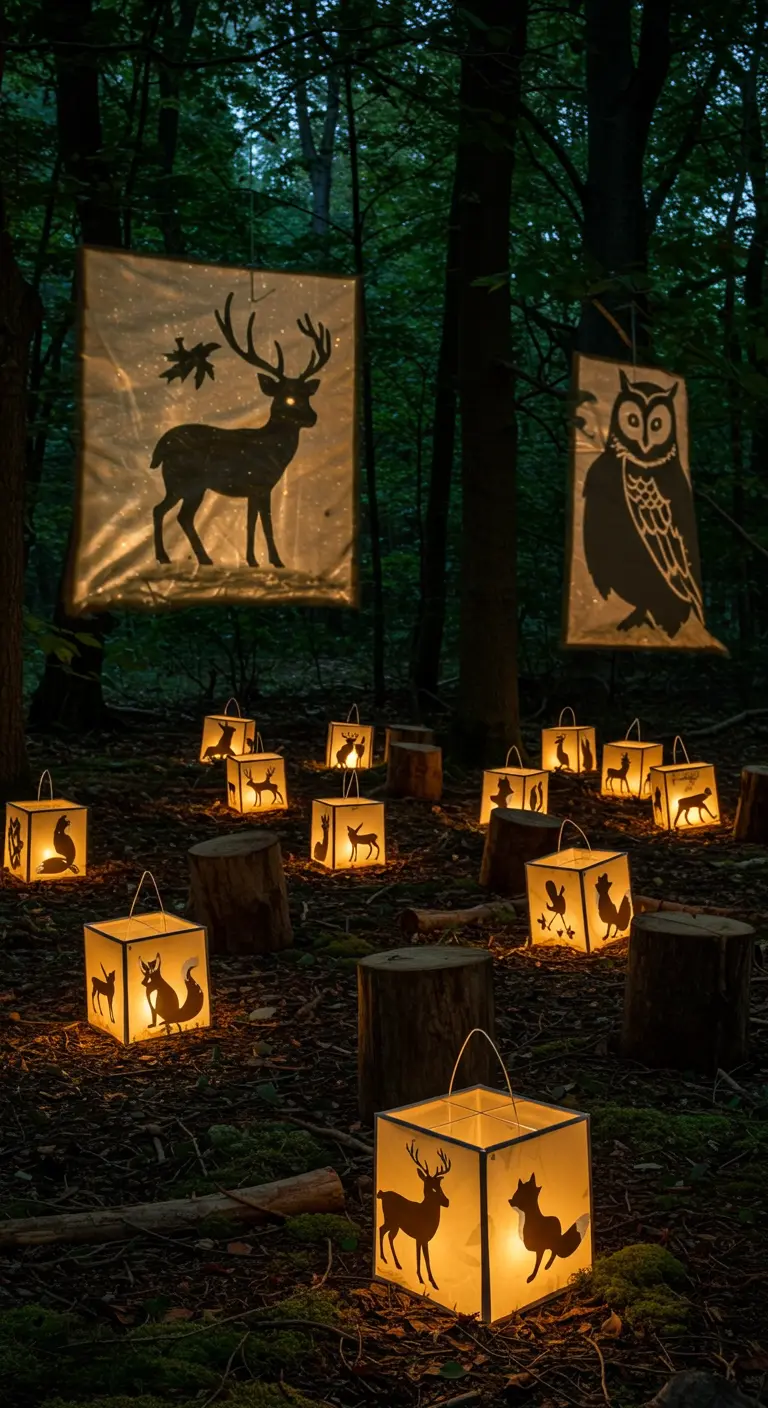 Papierlaternen mit Scherenschnitten von Waldtieren leuchten auf Baumstümpfen in einem dunklen Wald.