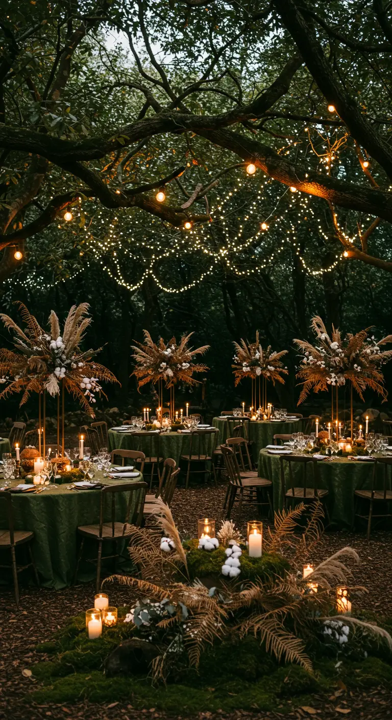 Runde Tische mit hohen Trockenblumen-Gestecken und Kerzenlicht in einem verwunschenen Wald