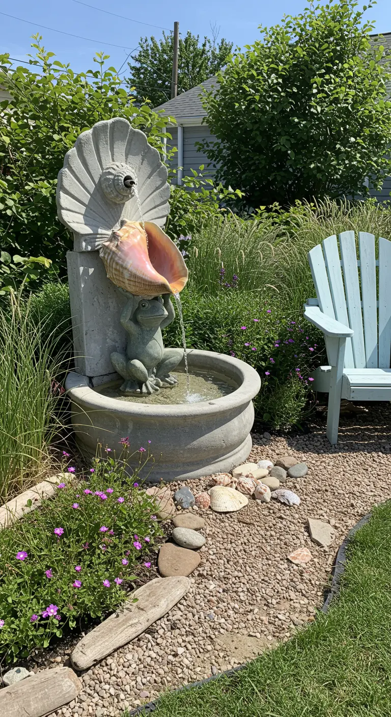 Ein Froschbrunnen, bei dem das Wasser aus einer großen Muschel in ein Becken fließt.