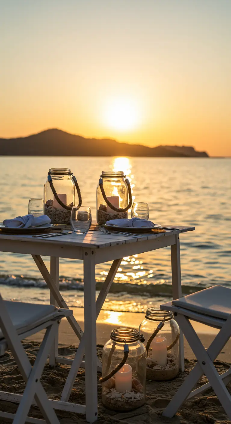 Große Glaslaternen mit Sand und Kerzen auf einem Esstisch und im Sand am Strand bei Sonnenuntergang.