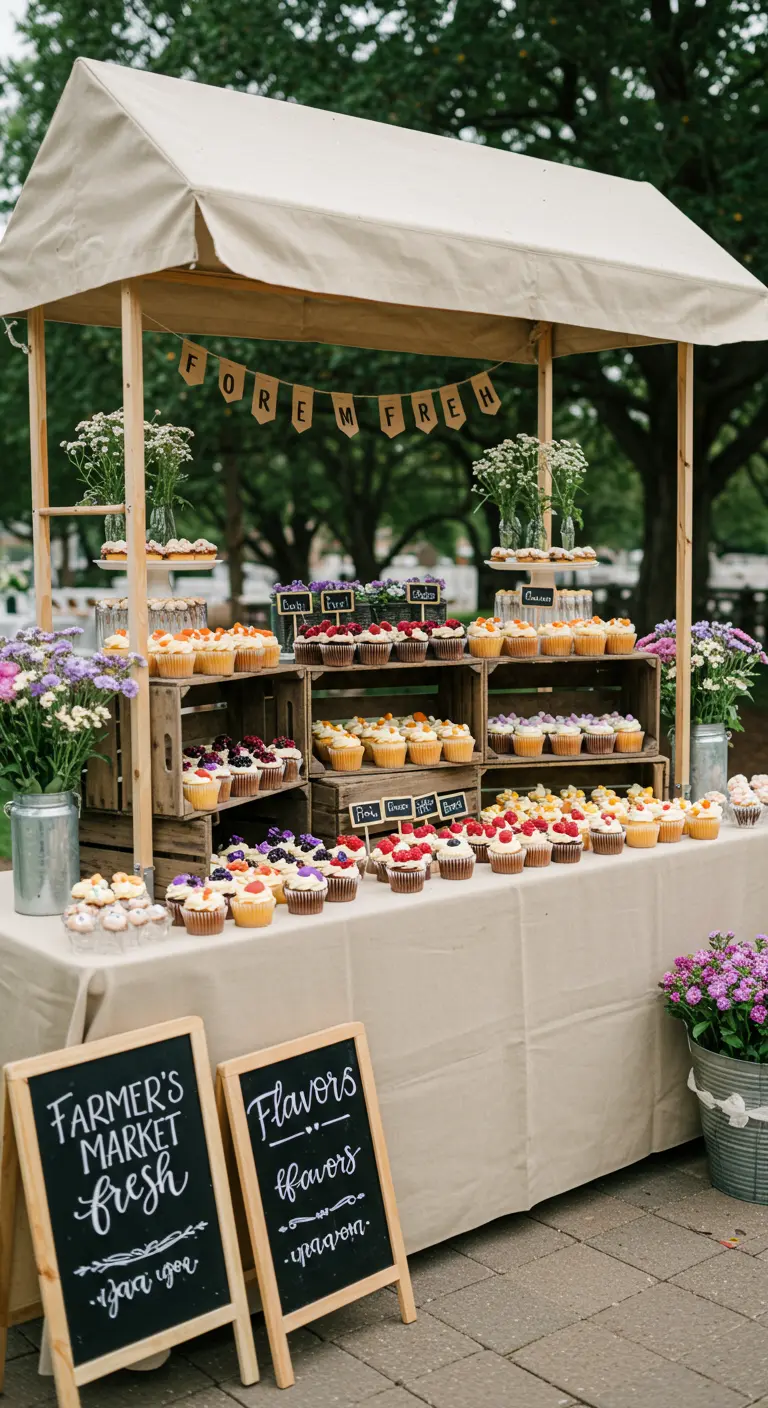Marktstand aus Holzkisten mit einer großen Auswahl an Cupcakes mit Frucht-Toppings.