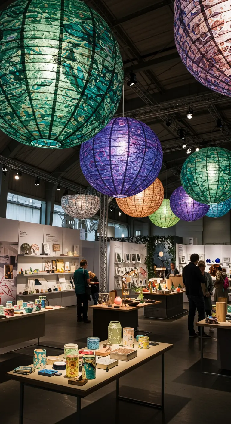 Große, runde Papierlampions mit bunten, marmorierten Mustern in Grün-, Violett- und Orangetönen.