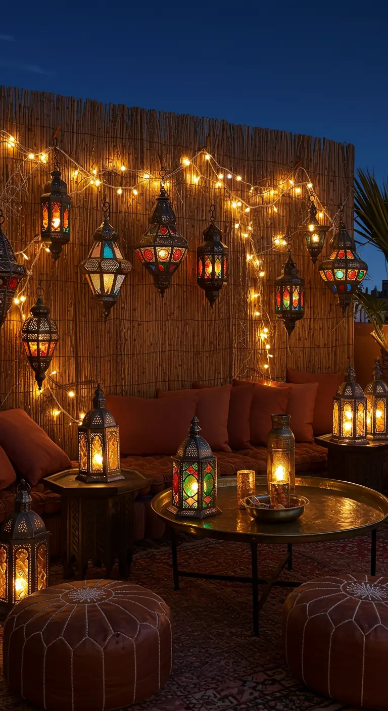 Eine Lounge im marokkanischen Stil mit Bambuswand, vielen bunten Laternen und tiefen Sitzkissen.