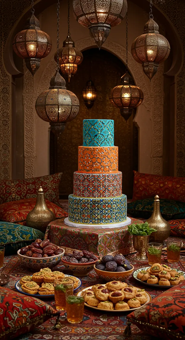 Mehrstöckige Torte mit marokkanischem Mosaikmuster, umgeben von Laternen und Kissen.