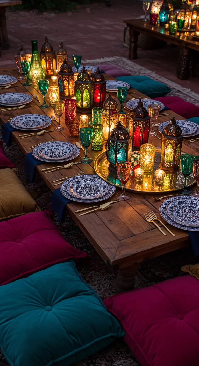 Bodennaher Tisch mit bunten marokkanischen Laternen und Kissen in satten Farben