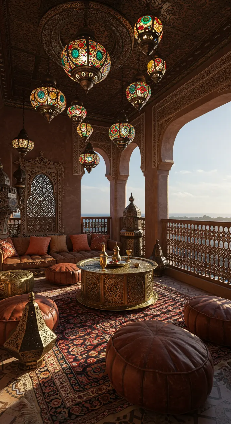 Opulent dekorierter Balkon im marokkanischen Stil mit bunten Laternen und Poufs.