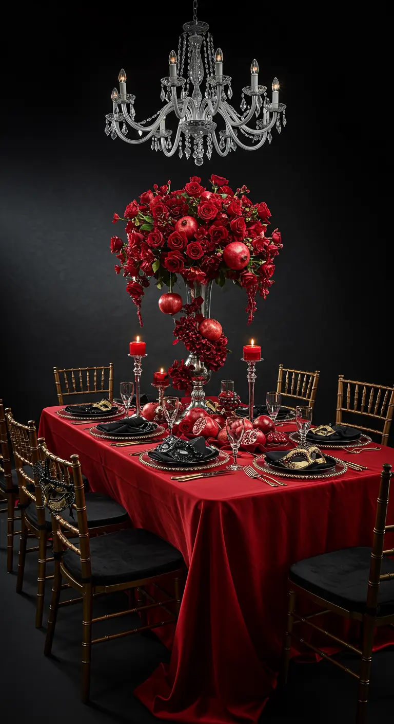Dramatischer Tisch mit roter Tischdecke, einem Centerpiece aus Rosen und Granatäpfeln sowie Masken.