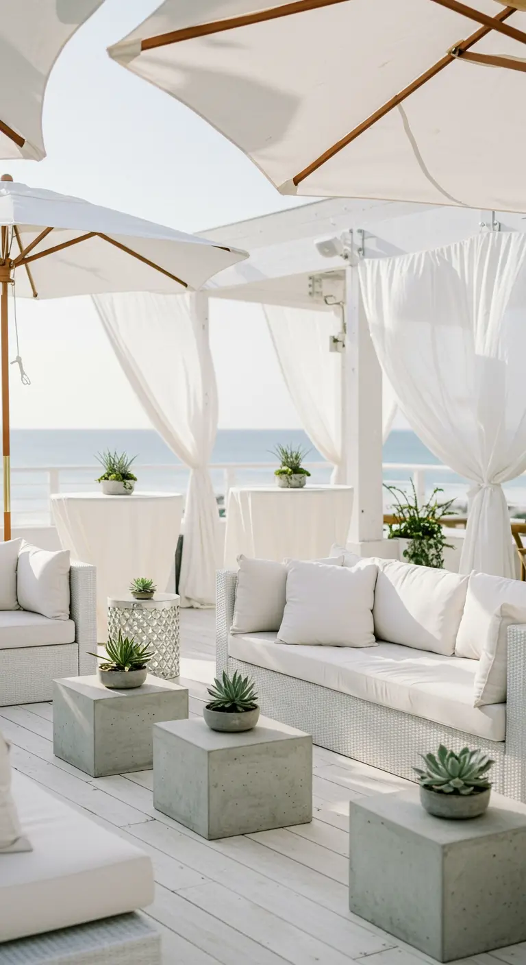 Weiße Outdoor-Lounge am Meer mit Rattanmöbeln und Beistelltischen aus Beton.