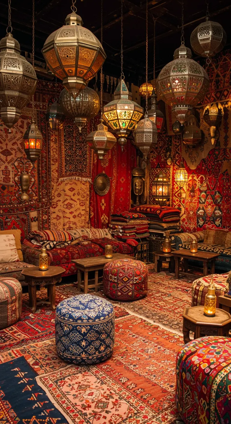 Opulent dekorierter Raum im Souk-Stil mit unzähligen Teppichen und hängenden Laternen.