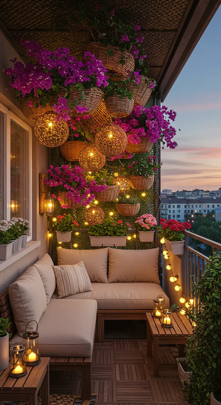 Üppig bepflanzter Stadtbalkon mit Weidenkörben, Bougainvillea und Lichterketten bei Dämmerung.