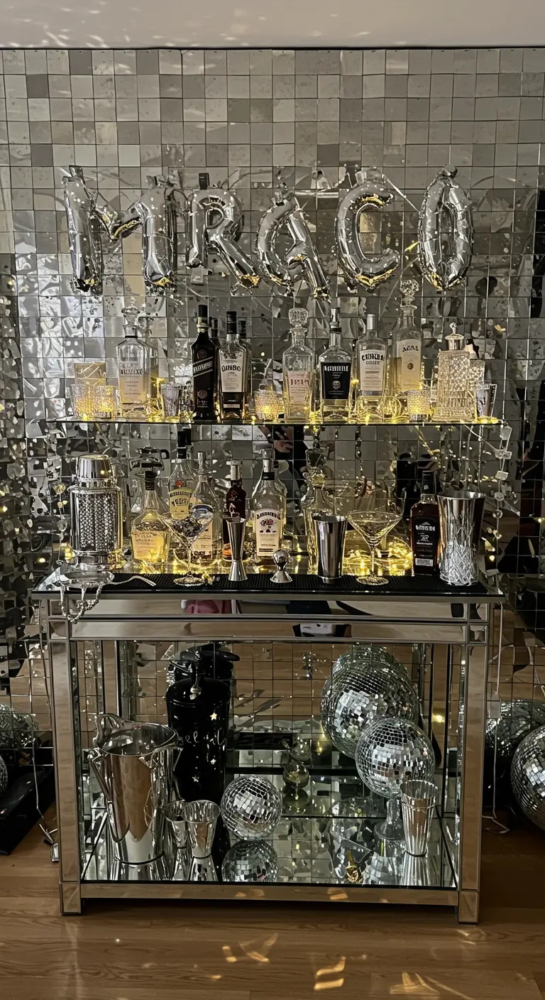 Verspiegelter Barwagen vor einer Wand aus silbernen Spiegelfliesen, dekoriert mit Discokugeln.