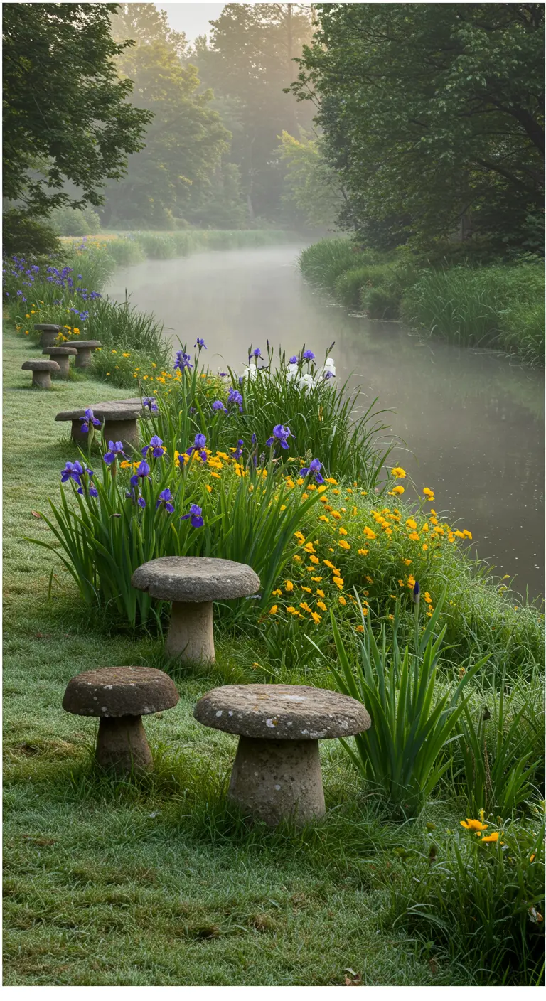 Mehrere alte Beton-Pilzhocker am nebligen Ufer eines kleinen Flusses mit blühenden Iris.