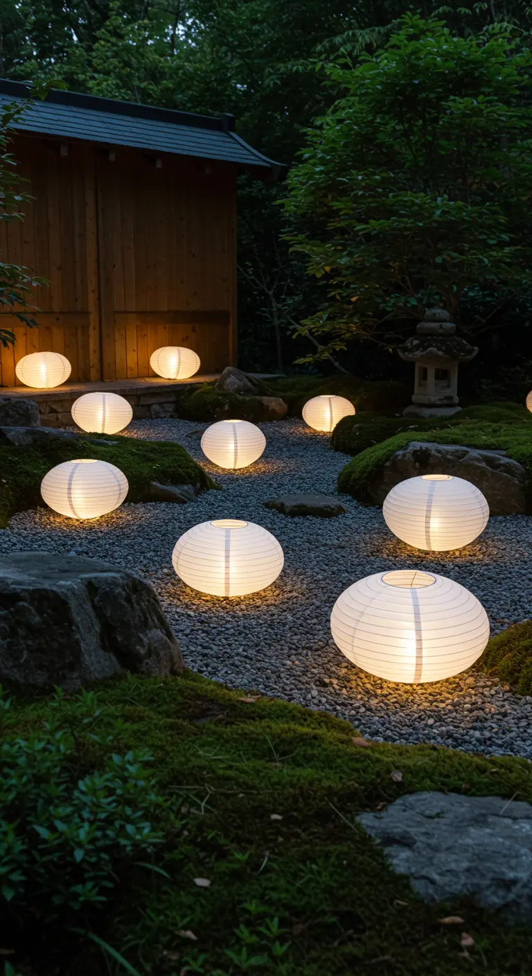 Weiße, runde Papierlampions stehen wie leuchtende Steine in einem japanischen Kiesgarten.