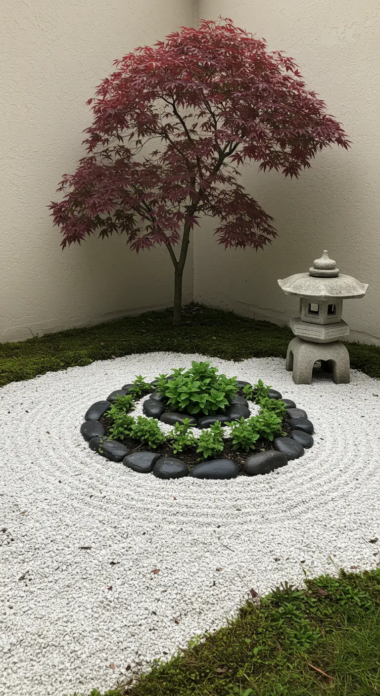 Kleine Kräuterspirale aus schwarzen Steinen in einem japanischen Zen-Garten mit weißem Kies.