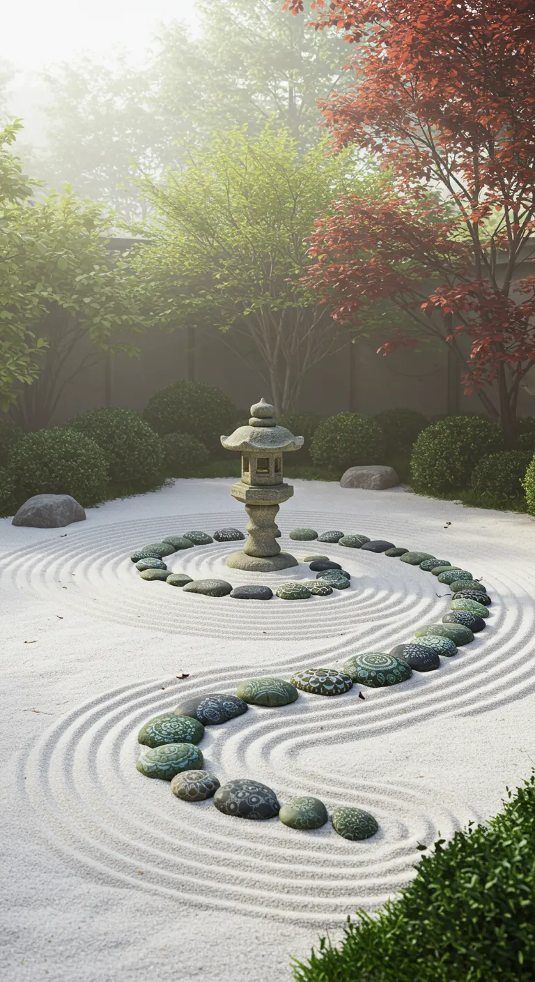 Eine Steinschlange mit Mandala-Mustern umkreist eine Steinpagode in einem Zen-Garten.